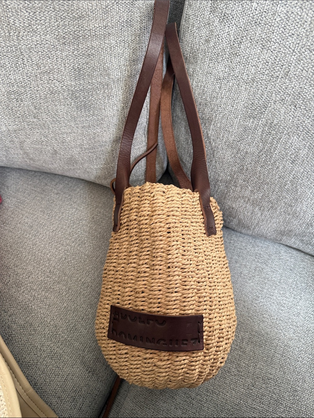 Woven Straw Bucket Bag with Brown Leather Straps